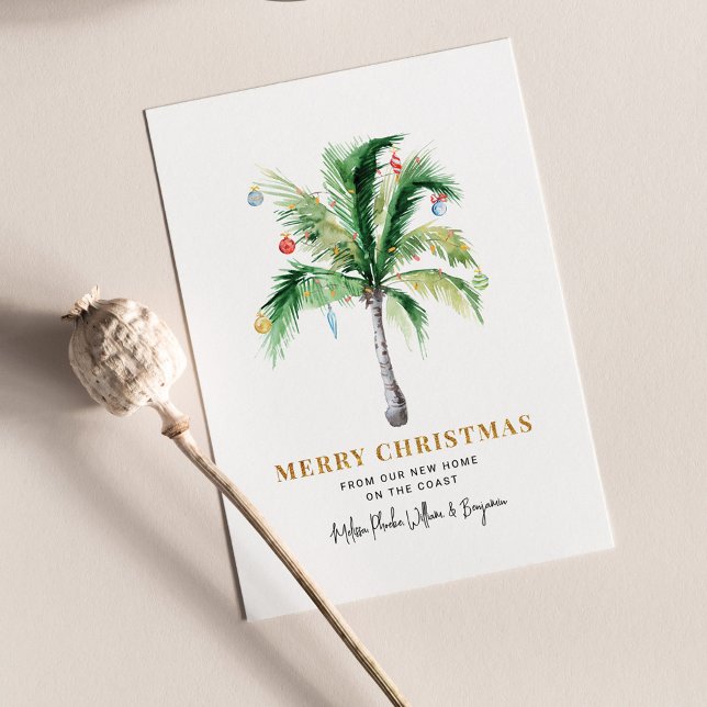 Vi har flyttat Flytta Helgdagar  Meddelande om jul (Palm Trees Christmas Holidays Coastal Moving Announcement Postcard)