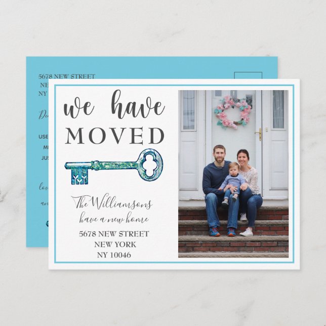Vi har Flyttat Flytta om blå Nyckel-foto Meddelande Vykort (Fram/baksida)