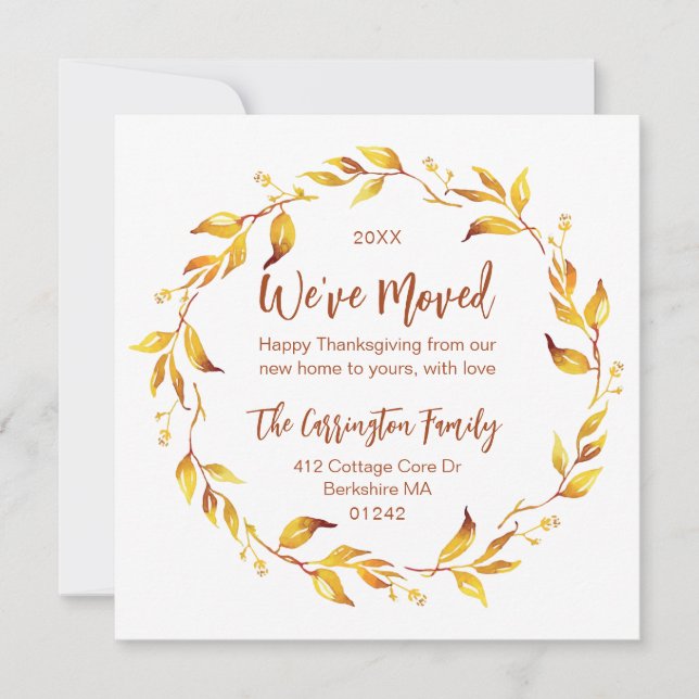 Vi har flyttat för vattenfärgen Fall Höst löv. Julkort (Framsida)