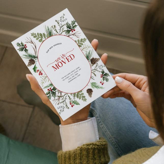 Vi har flyttat Forest Berry Pinecone Meddelande Vykort (Celebrate the new beginning with this festive 'We've Moved" postcard!
)