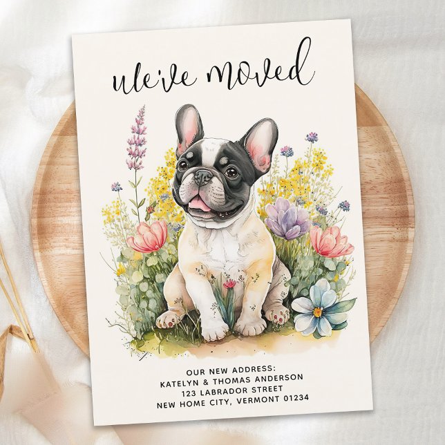 Vi har flyttat Fransk Bulldog Puppy Blommigt Hund  Meddelande (Skapare uppladdad)