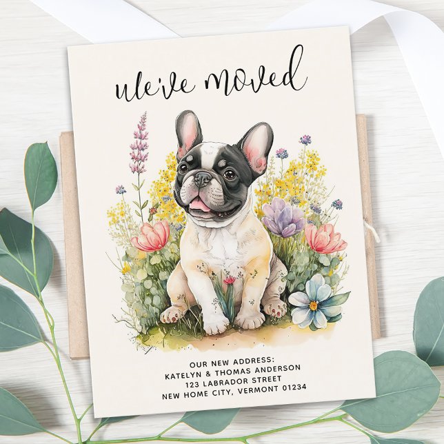 Vi har flyttat Fransk Bulldog Puppy Blommigt Hund  Meddelande Vykort (Skapare uppladdad)
