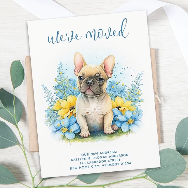 Vi har flyttat Fransk Bulldog Puppy Hund Flytta Meddelande Vykort (Skapare uppladdad)