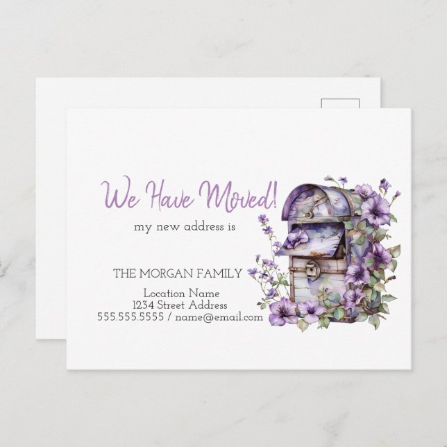 Vi har flyttat, gammalt postlåda violetta blommor meddelande vykort (Fram/baksida)