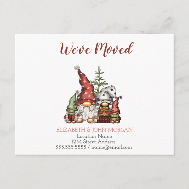 Vi har flyttat, gnomfamilj meddelande vykort (Framsida)