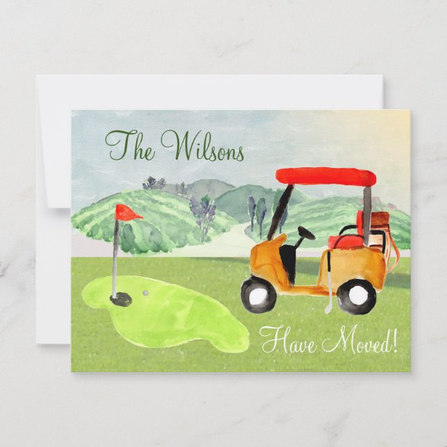 Vi har flyttat Golf Cart Grönt Pension Move Meddelande (Framsida)