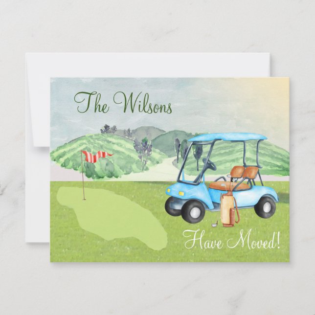 Vi har flyttat Golf Cart Grönt Pension Move Meddelande (Framsida)