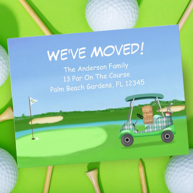 Vi har flyttat Golf Cart med Flytta Boxes Golf Meddelande Vykort (Tee up for this fun moving announcement that features a golf cart with moving boxes. )