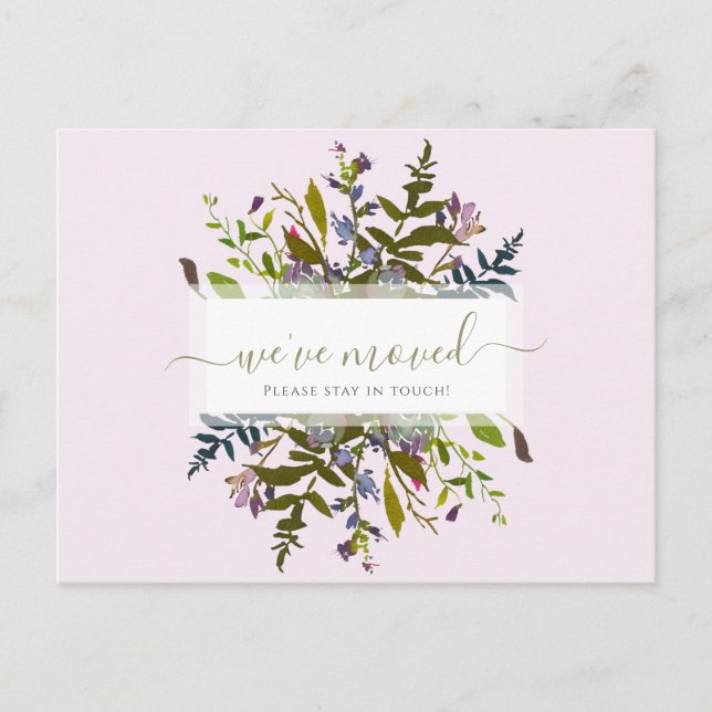 Vi Har Flyttat Greenery Floral Script Annonsering Vykort (Framsida)