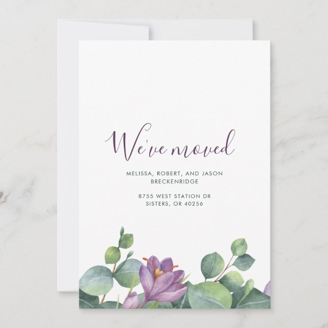 Vi har Flyttat Grönt Lila Blommigt New Home Meddelande (Framsida)