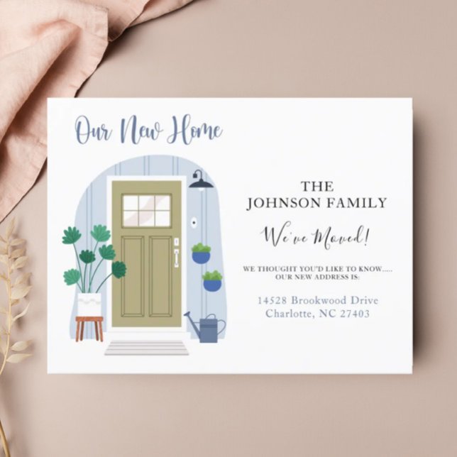 Vi har flyttat Grönt vattenfärgsmeddelande om dörr Vykort (Skapare uppladdad)