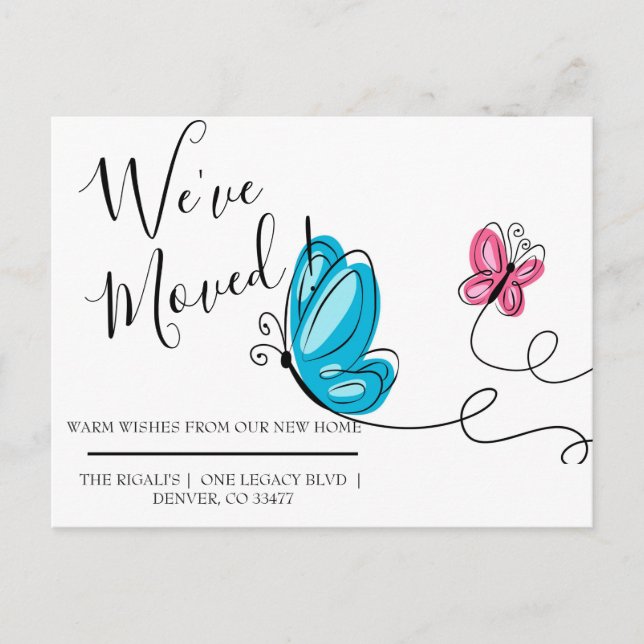 Vi har flyttat handritad fjäril vykort (Framsida)