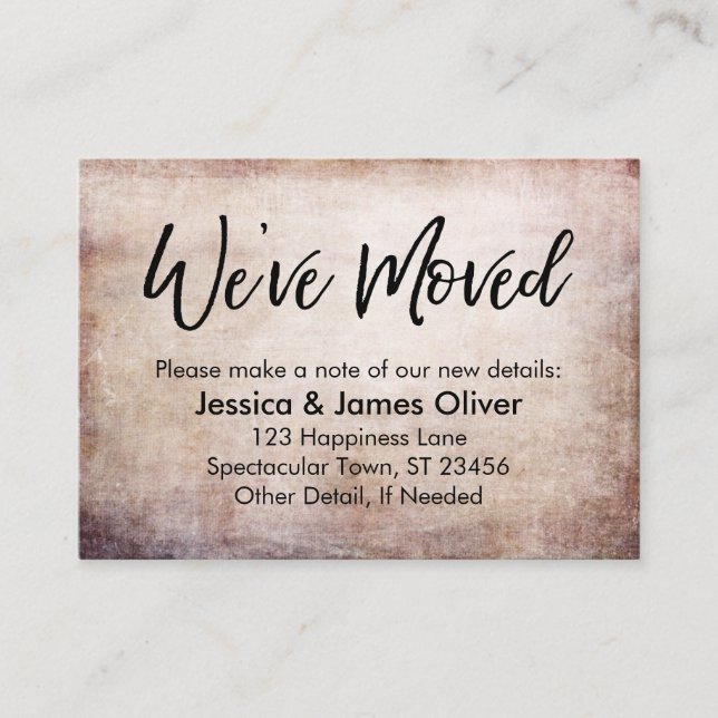 "Vi har flyttat" Handskrift på Brown-Hued Grunge Visitkort (Framsida)