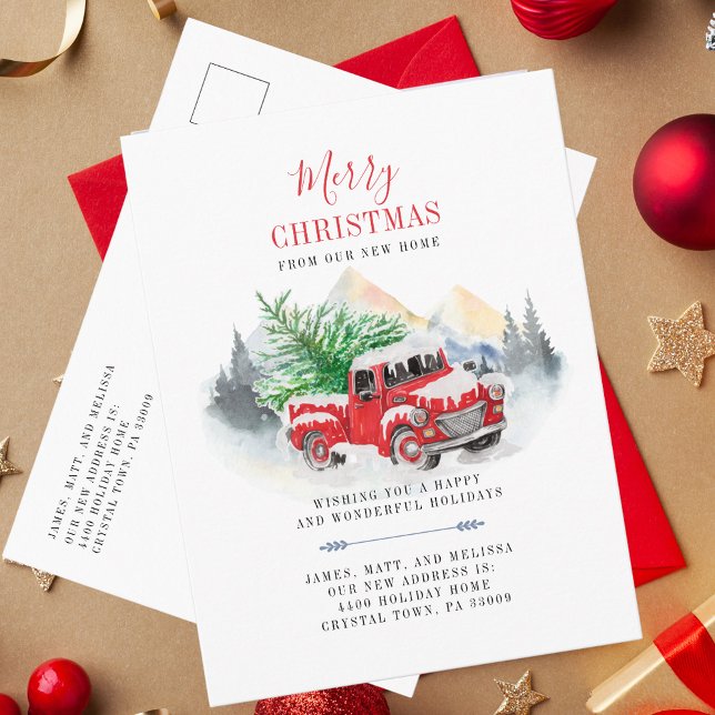 Vi har flyttat Helgdag Flytta annonsvykort Helg Vykort (Christmas Greetings red Truck in Snow Holiday Moving Announcement Greetings)