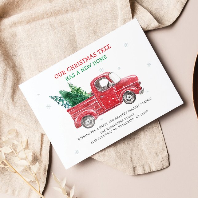 Vi har flyttat Helgdag Flytta Anteckningskort (Christmas Family Red Truck Moving Announcement)