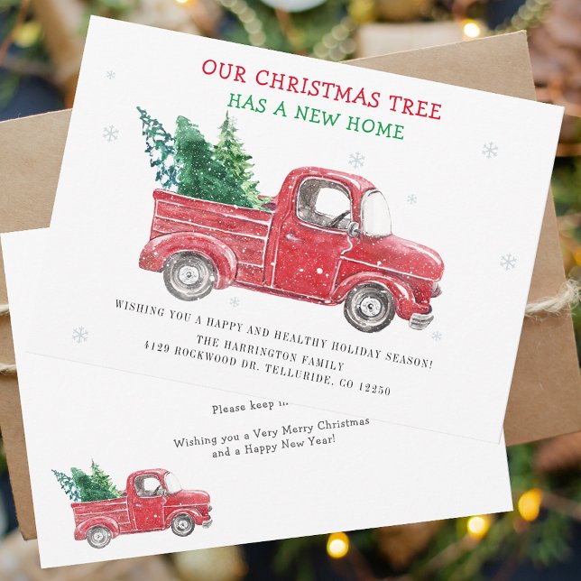 Vi har flyttat Helgdag Flytta Meddelande om julhäl (Christmas Red Truck Festive Family Moving Announcement Change of Address Card)
