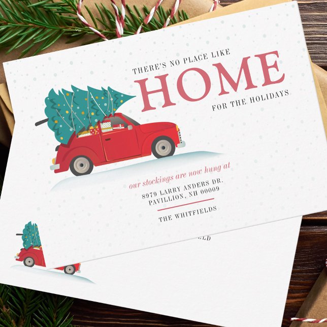 Vi har flyttat Helgdagar Nya adress Meddelande (Christmas Moving Announcement Whimsical Red Car Family Change of Address Card)