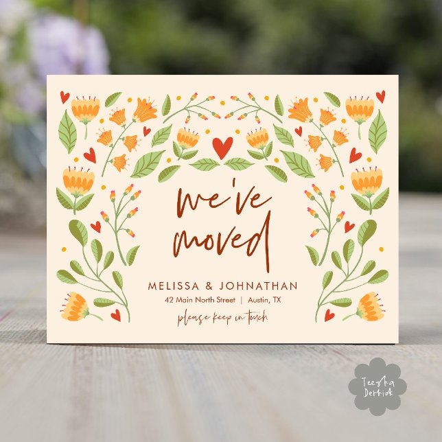 Vi Har Flyttat, Höst Ny Hem Annonsering  Vykort (We've Moved, New Home Address Announcement Postcard in Wild Flowers Beige Autumn Greenery theme)