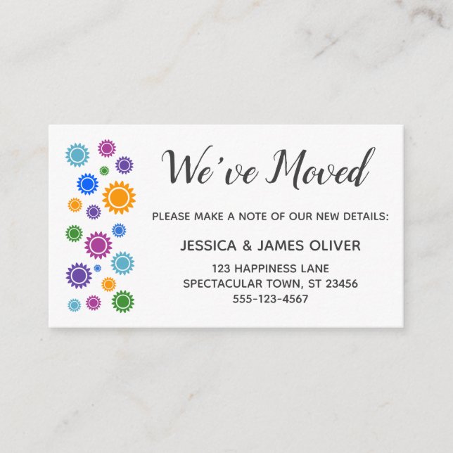 "Vi har flyttat" Infoga kort med färgstarka solske (Framsida)