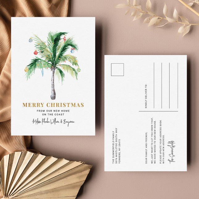 Vi har flyttat Jul Helgdagar Handflatan Träd Flytt Helg Vykort (Palm Tree Christmas Moving Coastal New Holiday Address Announcement Postcard)