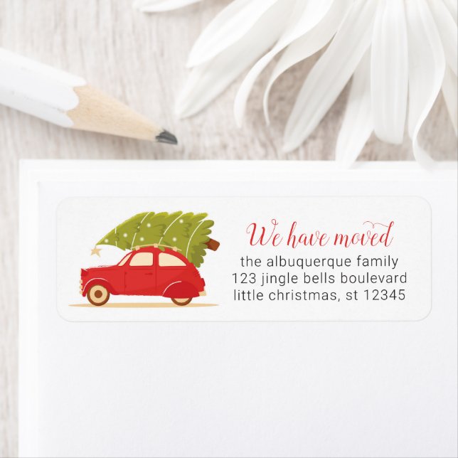 Vi har flyttat Julbil Träd Byt Adress Cute Returadress Etikett (Insitu)