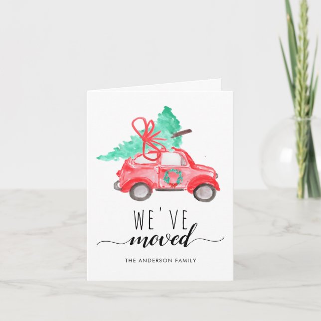 Vi har flyttat Julbil Träd Red Helgdag Meddelande (Framsida)