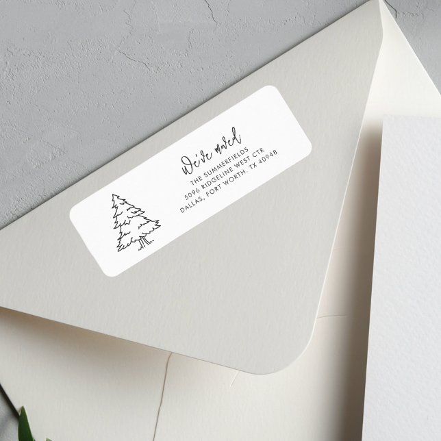 Vi har flyttat Julgran Flytta Returadress Etikett (Christmas Tree Family Name Moving White Return Address Label)