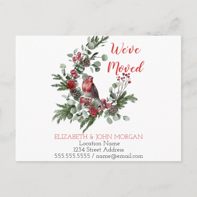 Vi har flyttat,Julkrans Röd kardinal Meddelande Vykort (Framsida)