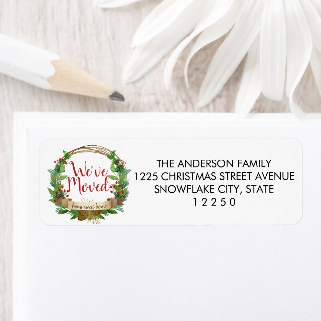 Vi har flyttat Julmodern Helgdag för krans Returadress Etikett (Insitu)
