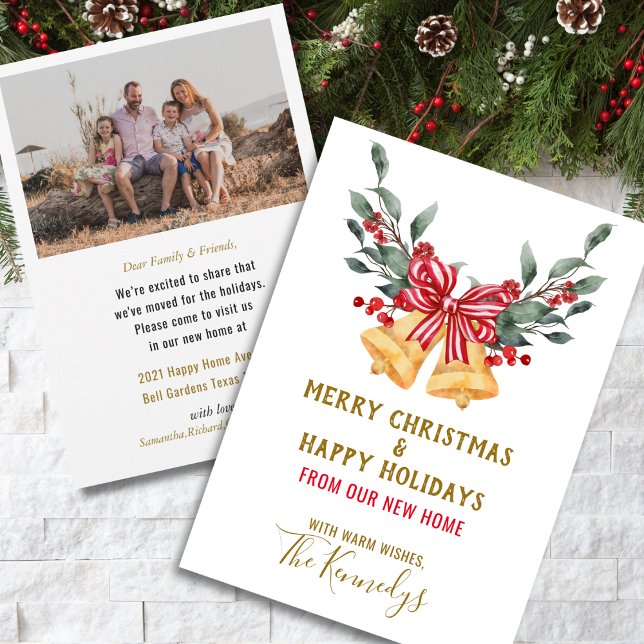 Vi har flyttat Klockor Red Bow Helgdag Photo Meddelande (We've Moved Christmas Bells Red Bow Holiday Photo Announcement)