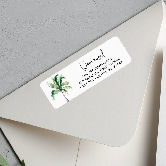 Vi har flyttat Kusten Handflatan Träd Returadress Etikett (Palm Tree Script Change of Address Moving Announcement Return Address Labels)