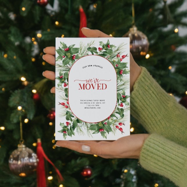 Vi har flyttat Modern Holly Berry Meddelande Vykort (Celebrate the new beginning with this festive 'We've Moved" postcard!
)