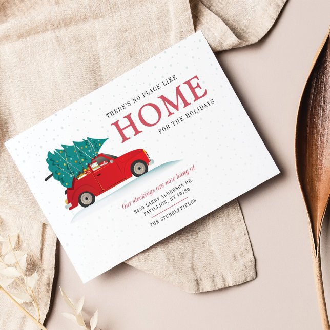 Vi har flyttat No Ställe like Home Helgdag Flytta Anteckningskort (Watercolor Red Car Chrismtas Family Moving Announcement)