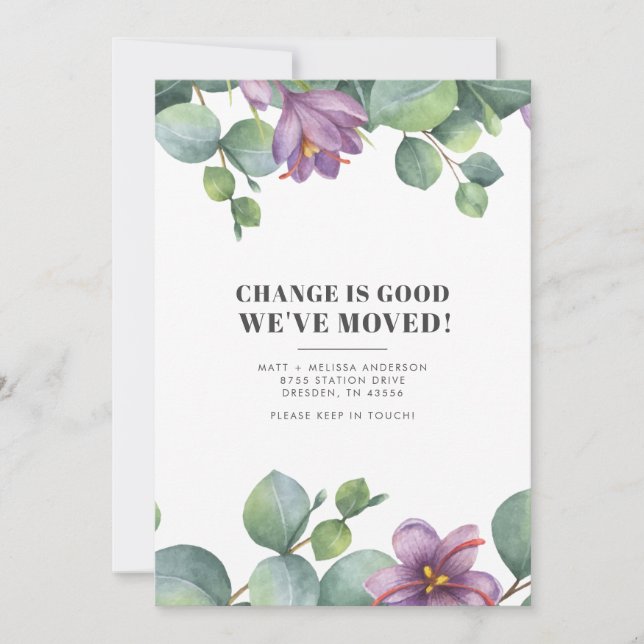 Vi har Flyttat Ny adress Eucalyptus Greenerys Flyt Meddelande (Framsida)