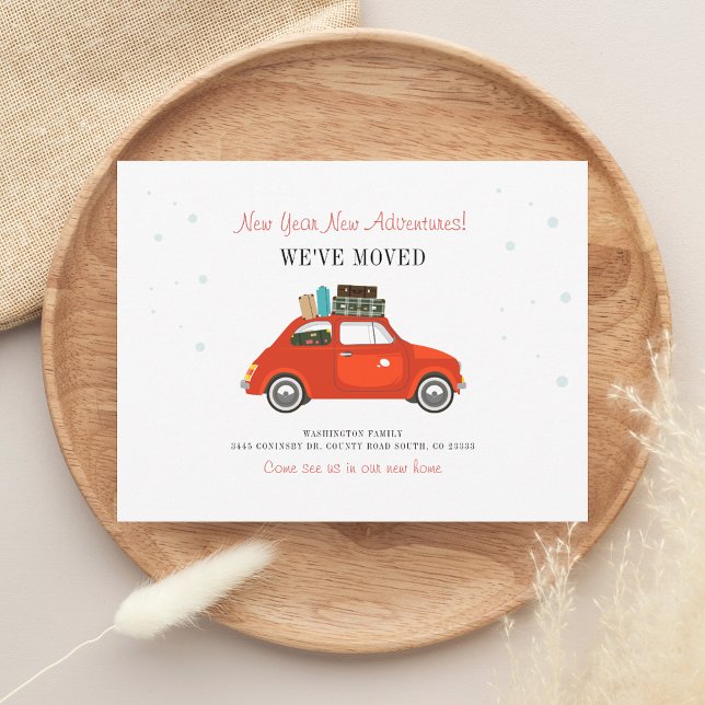 Vi har flyttat Ny adress Flytta Meddelande (Red Car We Have Moved Family New Address Announcement)