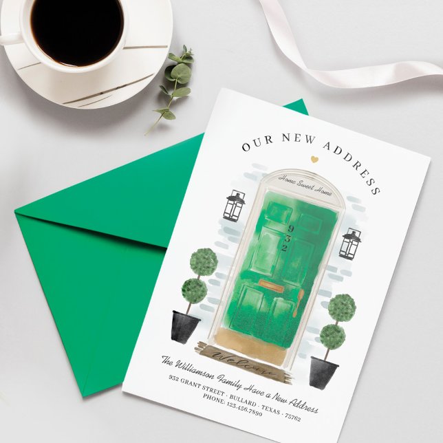 Vi har flyttat - Ny adress Grönt vattenfärgsdörr Meddelande (We've Moved - New Address Green Watercolor Door Announcement)