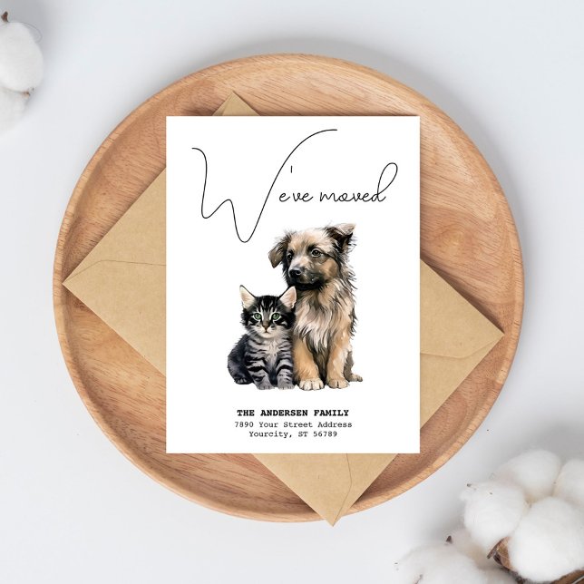 Vi Har Flyttat Ny Adress Katt Hund Akvarell Flytt Meddelande Vykort (Weve Moved New Address Cat Dog Watercolor Moving Announcement Postcard)