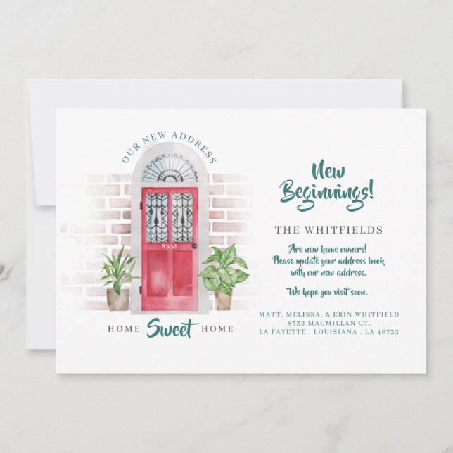 Vi har flyttat Ny adress röd vattenfärgsdörr Meddelande (Framsida)