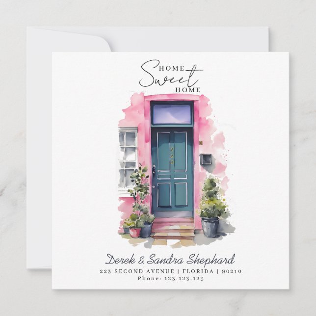 Vi har flyttat Ny adress rosa vattenfärgsdörr Kort (Framsida)