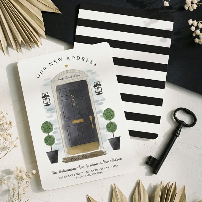 Vi har flyttat - Ny adress, svart vattenfärgsdörr Meddelande (We've Moved - New Address Black Watercolor Door Announcement)
