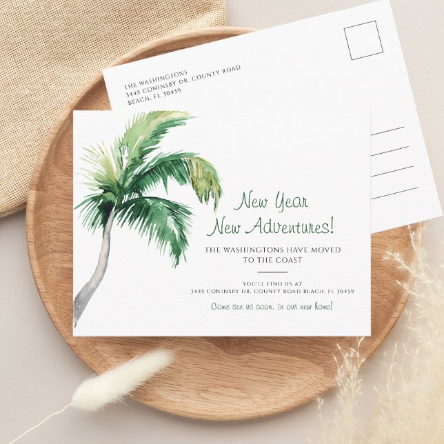 Vi har flyttat nyårsFlytta Meddelande Vykort (New Year New Adventures Change of Address Palm Tree Moving Announcement Postcard)