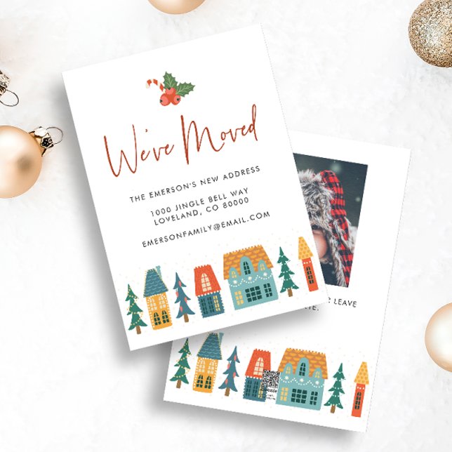 Vi har flyttat nytt Helgdag för hemmet Julkort (We've Moved Holiday Moving Announcement Christmas Card with photo on back Cute Retro Houses)