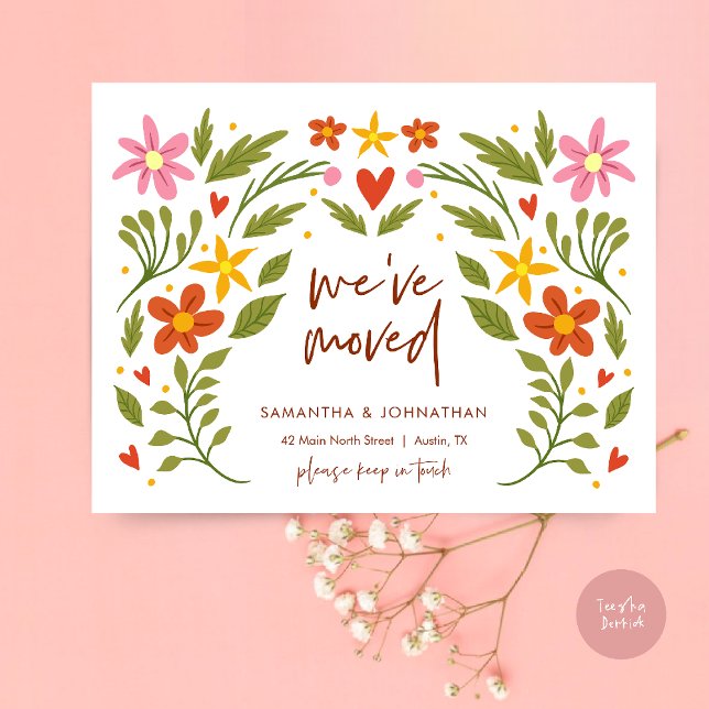 Vi har flyttat, nytt hemadress tillkännagivande  (We've Moved, New Home Address Announcement Postcard in Wild Flowers Beige Greenery theme)