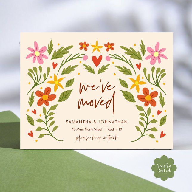Vi Har Flyttat, Nytt Hemadress Tillkännagivande  (We've Moved, New Home Address Announcement Postcard in Wild Flowers Beige Greenery theme)