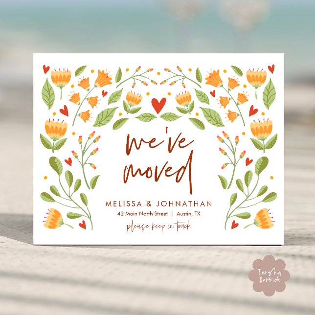 Vi har flyttat, nytt hemmeddelande hösten vykort (We've Moved, New Home Address Announcement Postcard in Wild Flowers Orange Greenery theme)