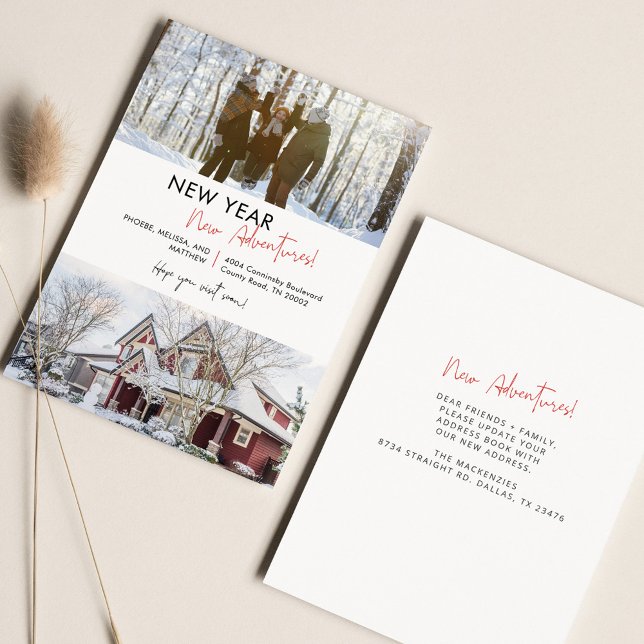 Vi har flyttat Photo Helgdag Flytta Meddelande (New Year New Adventures Family Moving Announcement)