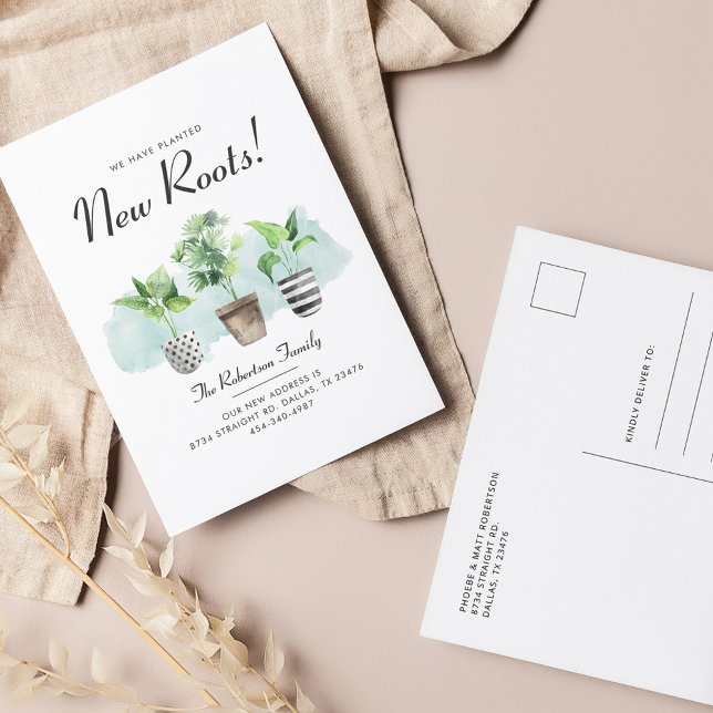Vi har flyttat planerad ny Flytta av rötter Meddelande Vykort (Potted Plants New Roots Moving Announcement Postcard)