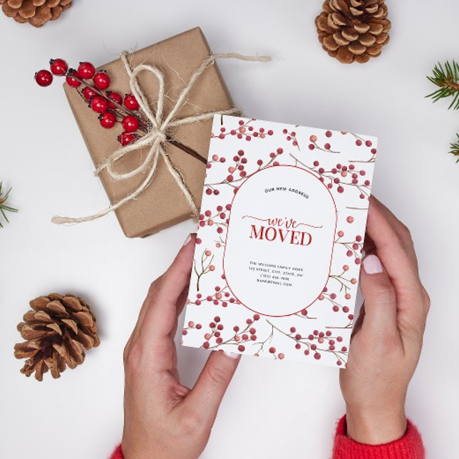 Vi har flyttat Red Berry-meddelande vykort (Celebrate the new beginning with this festive 'We've Moved" postcard!
)
