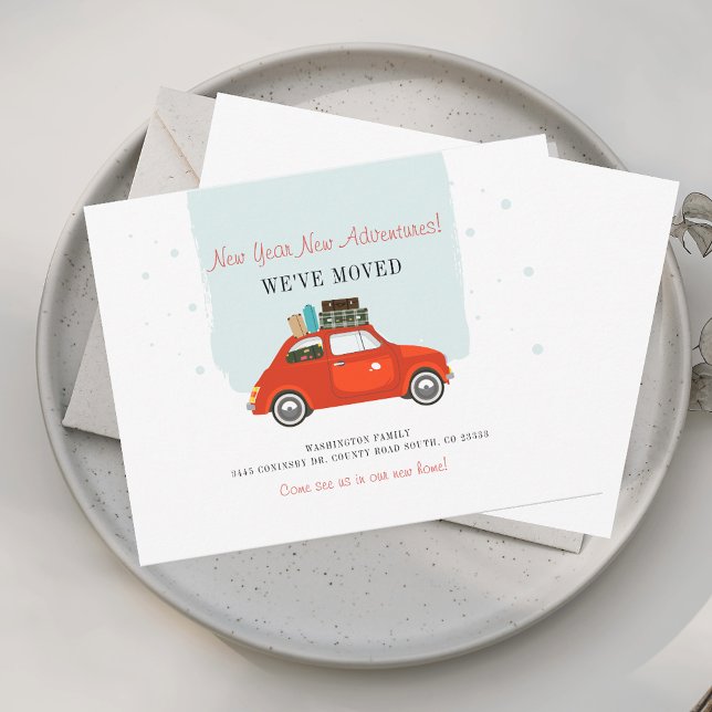 Vi har flyttat Red Car-Flytta-meddelande (New Year Moving Announcement with Red Car)