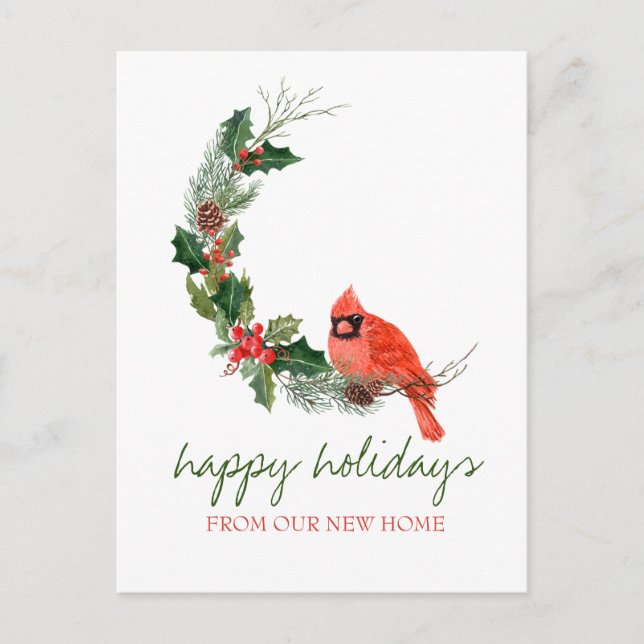 Vi har Flyttat, Red Cardinal Bird Holly Berry Meddelande Vykort (Framsida)